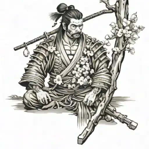 Samurai With Cherry Blossom Tree Near A Pond Surrounded