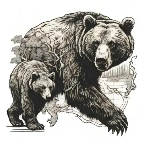 Bear And Cub In A Forest With Old Map Outline