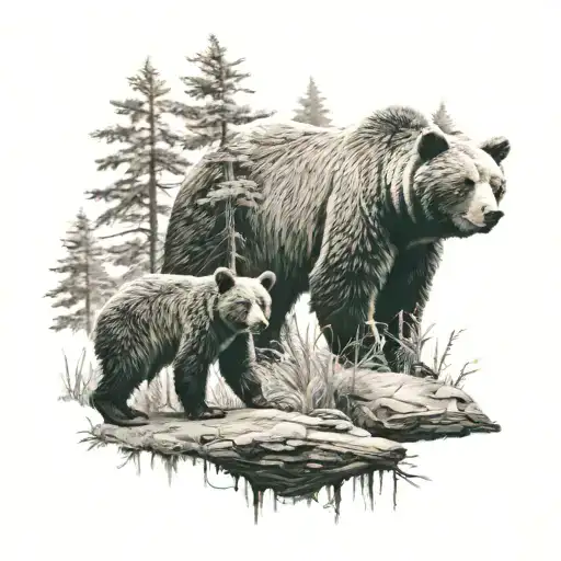 Bear And Cub In A Forest Scene
