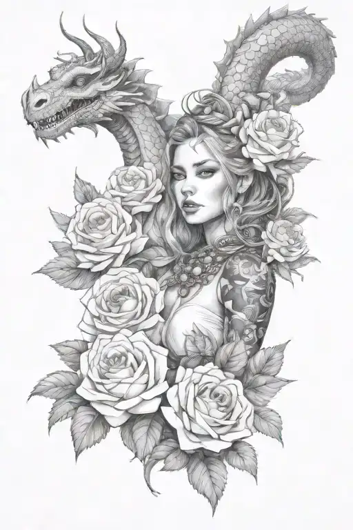 A Realistic Portrait Of A Woman Surrounded By Roses And Dragon