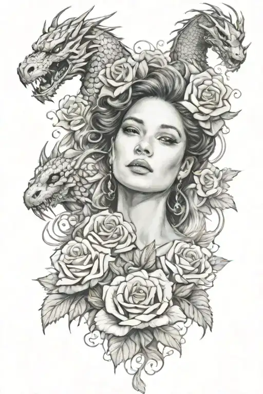 A Realistic Portrait Of A Woman Surrounded By Roses And Dragon