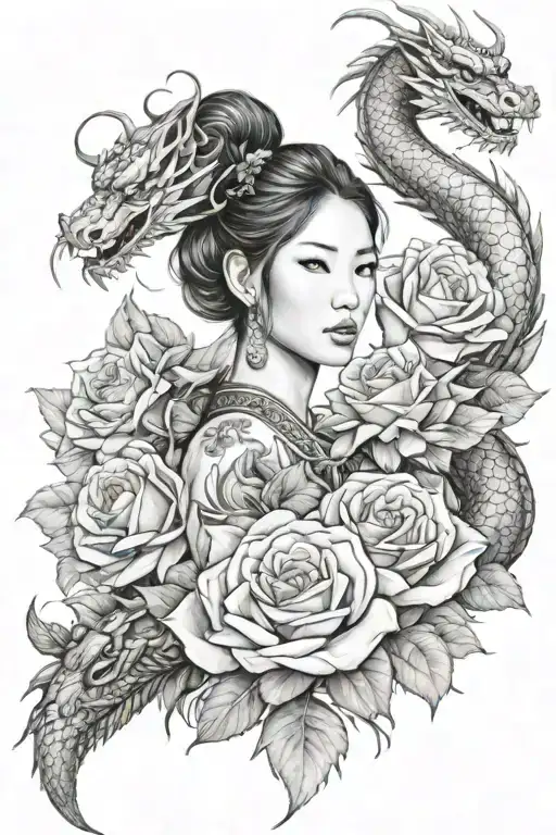 Asian Girl Wrapped By A Roses And Dragon