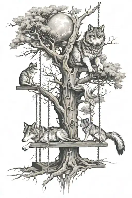 Wolf Tree With Swing Two Girls Playing