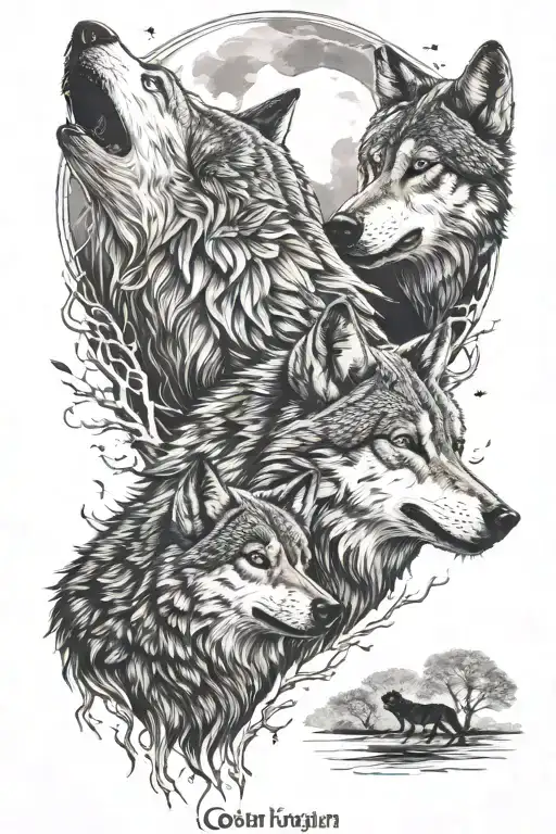Family Of Wolves Howling At The Moon