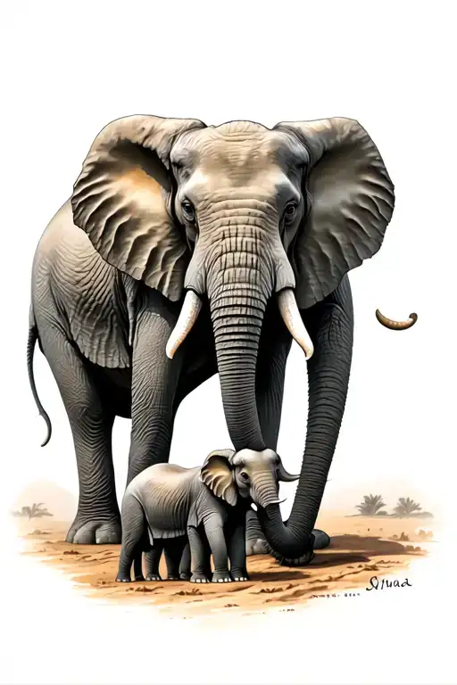 Male Elephant Protecting His 2 Baby Elephants With His Trunk