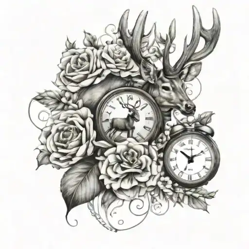 Draw Me A Deer And A Clock On Top Of A Flower