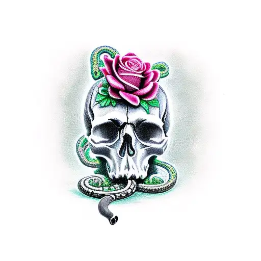 Skull With Snake And Thorned Roses