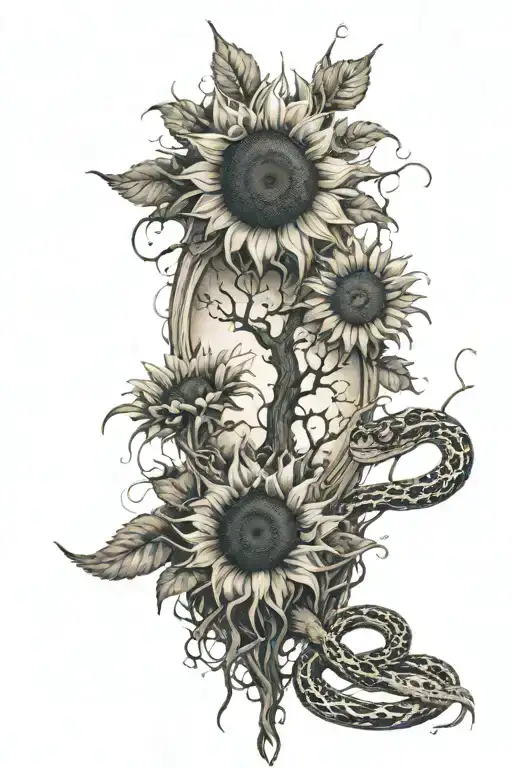 Realism Bare Tree N Snakes Encased Inside Of A Sunflowers Center