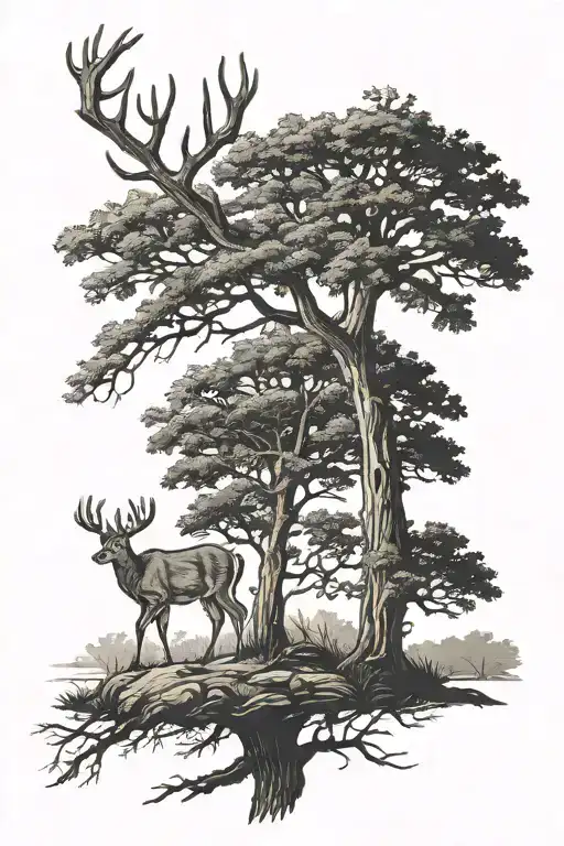 Oak Tree Silhouette Whitetail Deer Standing