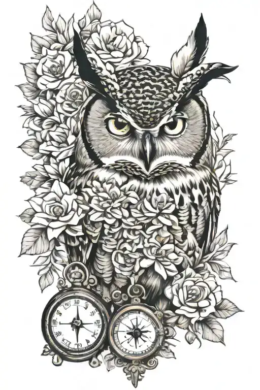 Great Horned Owl And Flowers And Compass