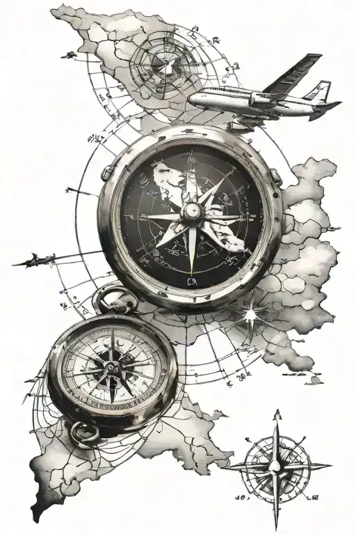 Compass Map And Plane In The Sky