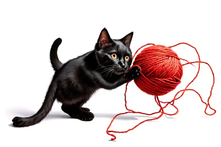 A Black Cat Playing With A Ball Of Red Yarn Ball