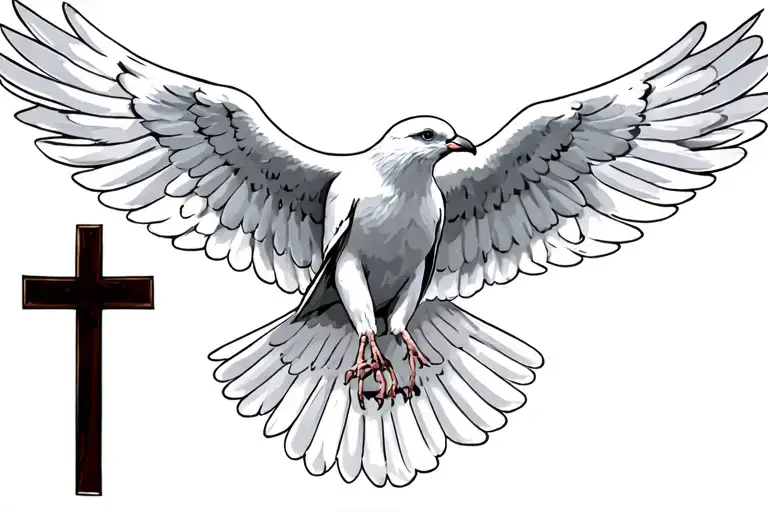 A Christian Cross In Straight Line And In Front Of A Dove Which Has Its Wings Deployed