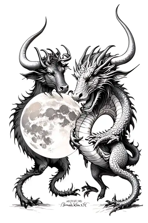 Dragon And Ox Holding A Waxing Gibbous Moon Together