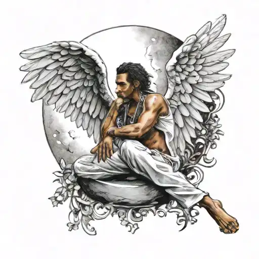 Capoeira Player With Angel Wings Sits On Half Moon With Birembau
