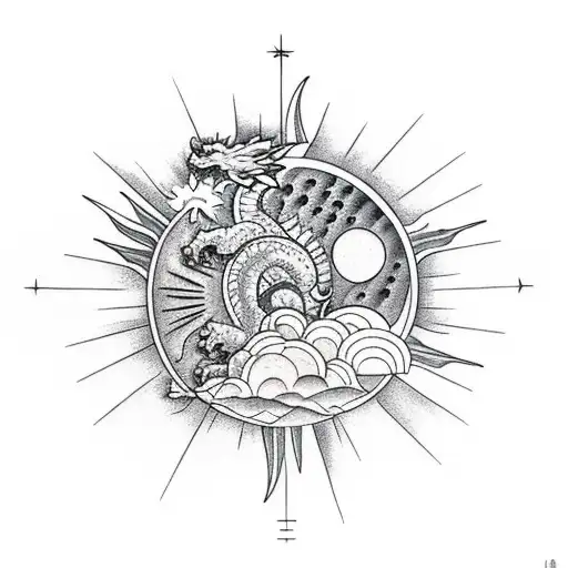 Dragon With Sun And Moon On A Mountain