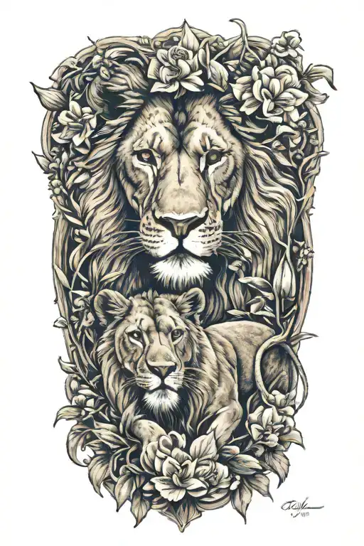Male Lion And Female Lioness In Love Surrounded By Larkspur And Narcissus Flowers