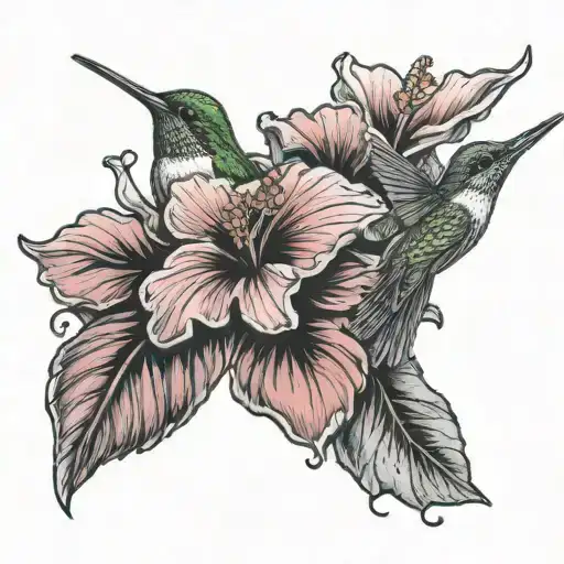 Hibiscus Flowers With An Adult Hummingbird And A Small Hummingbird