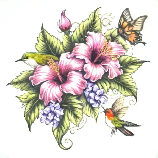 Hibiscus Flowers With Butterflies And Hummingbird