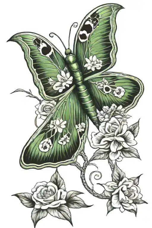 Large Luna Moth With Snakes And Flowers