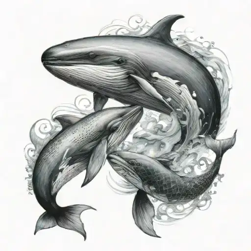 Ocean Scene Featuring A Whale And A Mermaid Touching Each Other