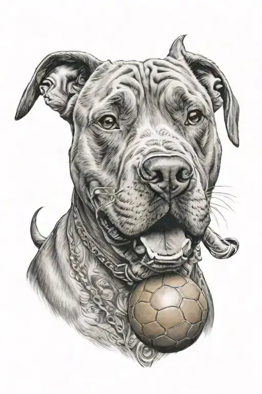 Pitbull Dog With A Ball In Its Mouth With Tongue