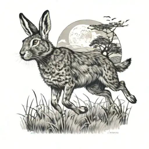 Circular Black Ink Hare And Cat Running Through Fields With Hills And Moon In Background