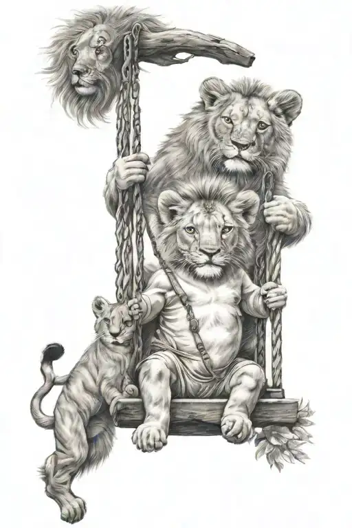 An Child In A Swing And Next To Him Is Standing A Lion