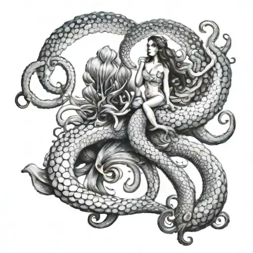 Two Marmaid With A Huge Octopus Tattoo Design