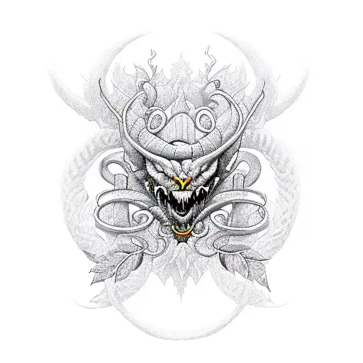 A Dragon Intertwined With A Cross With Vines With Leaves Attached