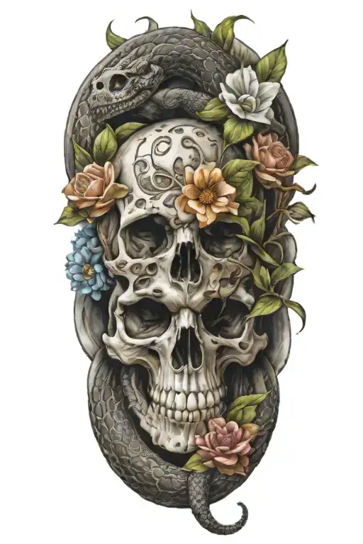 Snake Going Around A Skull And Flowers