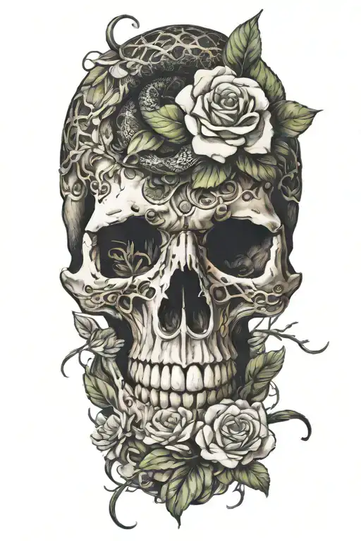 Snake Going Around A Skull And Flowers