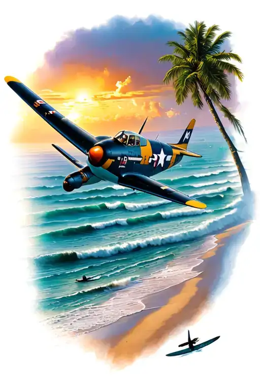 A P-51d Mustang Aircraft Flying Over The Ocean At Sunset With Palm Trees And Surfers On The Beach