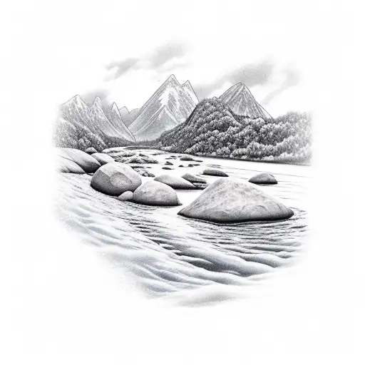 White Water River With Large Boulder And A Mountain In The Background