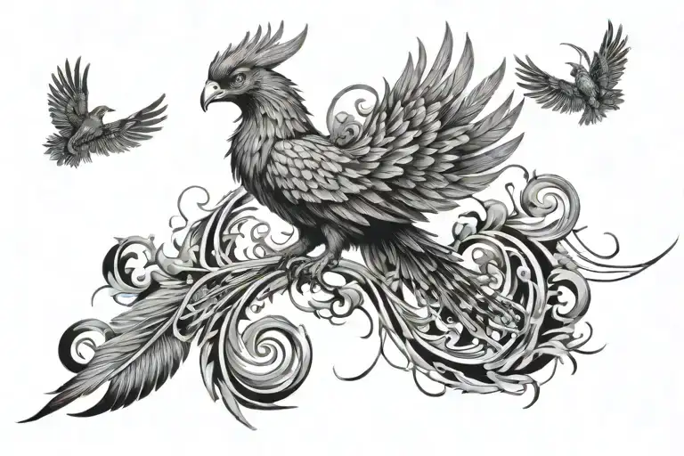 Tattoo Design Integrated With Phoenix And Lines