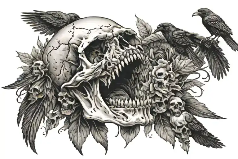 Skull With Mouth Open With Detailed Shading And Crows