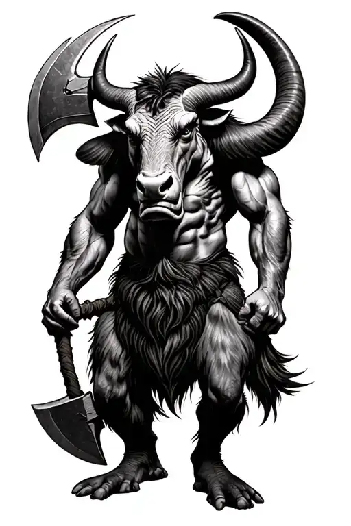 Symbolic Minotaur Standing On 2 Legs With An Axe In Hand