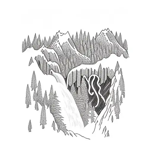 Mountains With Waterfall That Flows Down Onto A Pond Black And White