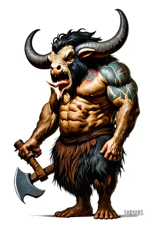 Minotaur Standing On 2 Legs With An Axe In Hand And Snorting
