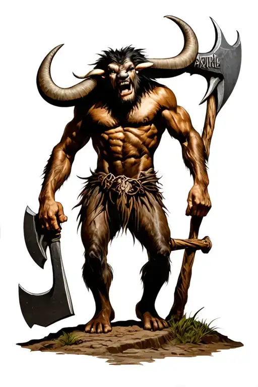 Minotaur Standing On 2 Legs With An Axe In Hand And Laughing