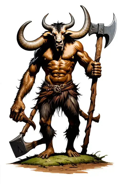 Minotaur Standing On 2 Legs With An Axe In Hand With Sneer On Face