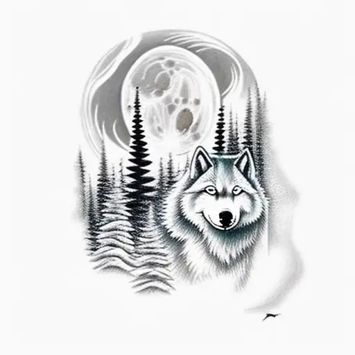 Moon With Northern Lights In A Forest With An Arctic Wolf
