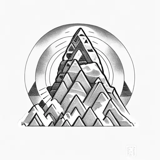 Machu Picchu Ruins Showing Thorugh Clouds Under Moon Circle With Symbols Pattern Background