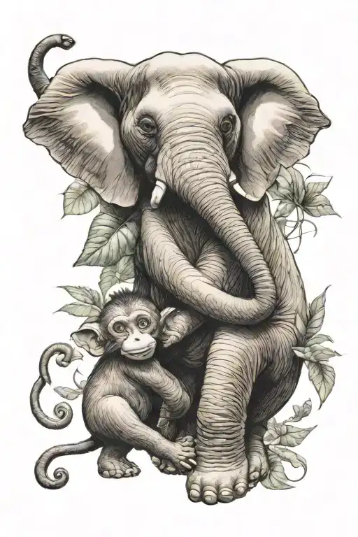 An Elephant And Monkey Hugging In A Playful Embrace