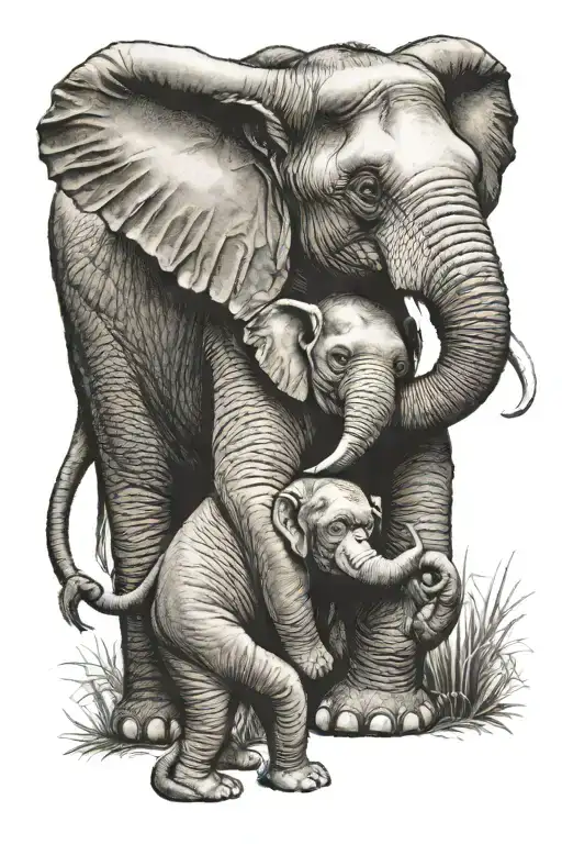 An Elephant And Monkey Hugging 2 Daughters