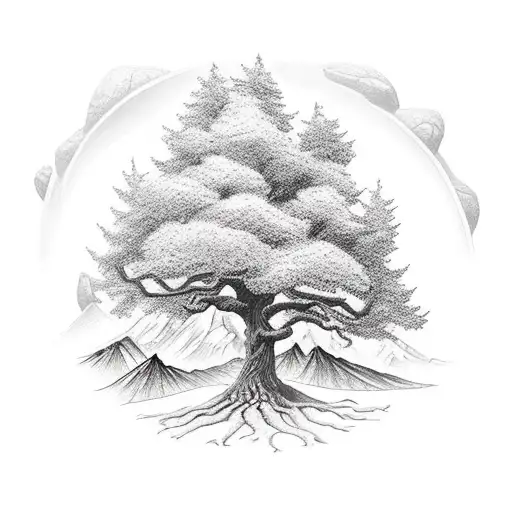 Oak Tree With Mountain Background