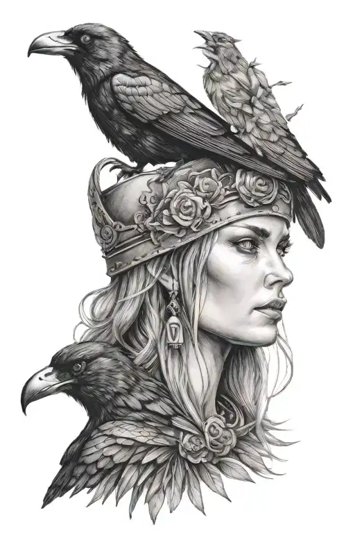 Woman With Blue Eyes With Crow On Head