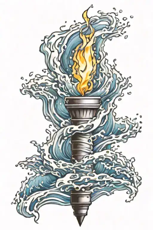 Flame Torch Surrounded By Water Waves