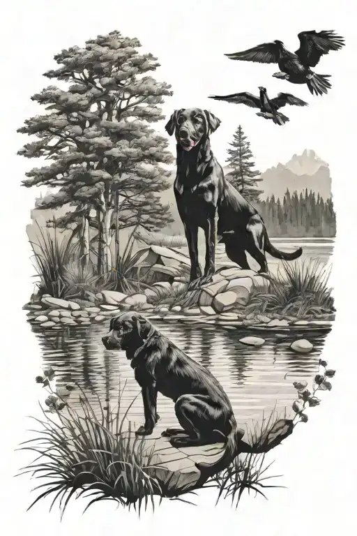 Trees With River And Black Lab With Ducks