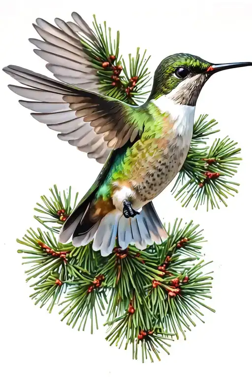 Hummingbird Flying With Pine Tree Background